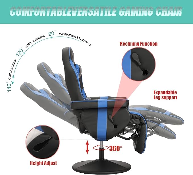 LVUYOYO Reclining Gaming Chair, Massage Gaming Chairs for Adults, High Back PU Leather Game Recliner w/Adjustable Height, Swivel Game Chair with Lumbar Support, Cup Holder, Headrest - Image 5