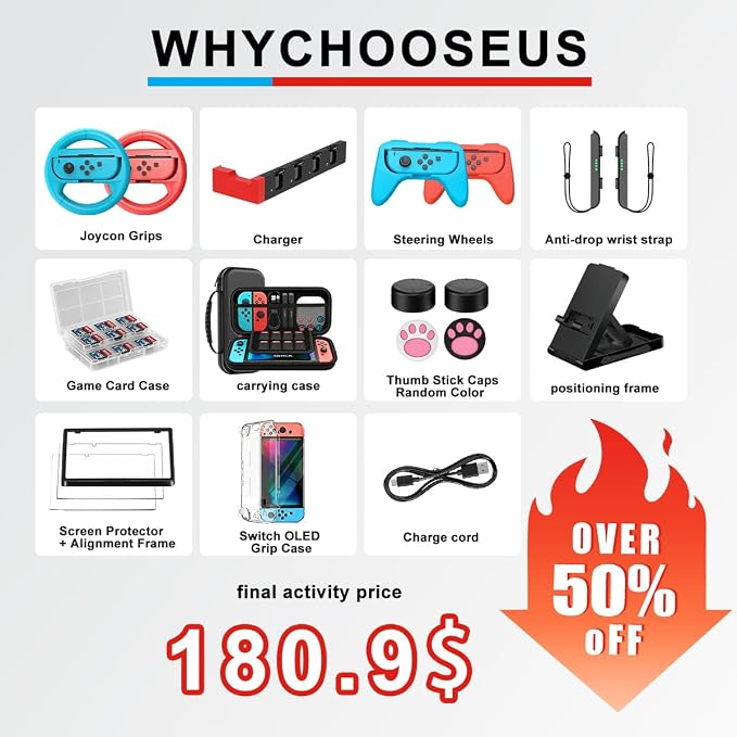 Accessories Bundle for Nintendo Switch 1/OLED, OUNFNOE 19-IN-1 Kits for Switch OLED Accessories, Carrying Case, Controller Charging Dock, Joy-Con Thumb Grips, Tempered Screen Protector, Steering Wheels for Mario Kart, Protective Console Cover - Image 3