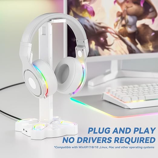 KDD Gaming Headphones Stand, Rotatable Headset Stand with Light Modes - Controller Holder with 2 USB Charging Ports and 3.5mm - Earphone Hanger Accessories for Desktop Gamer(White) - Image 2