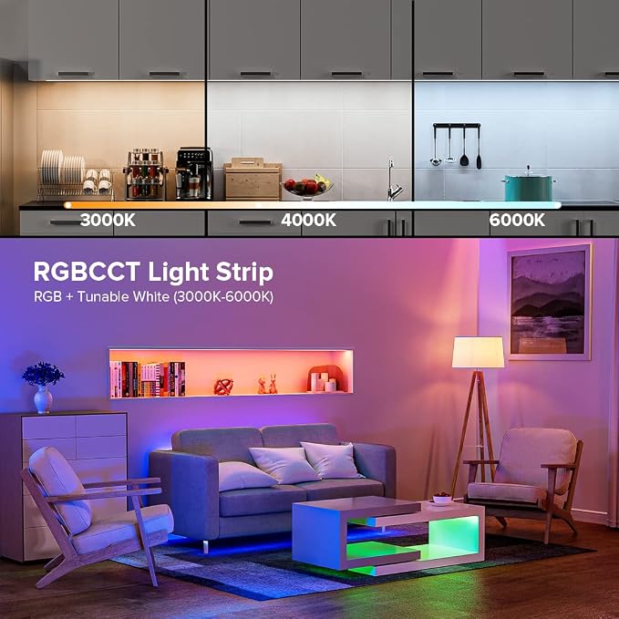 BTF-LIGHTING UL Listed RGBCCT COB LED Strip Light, DC24V 9.8FT RGB+Tunable White 3000K-6000K Color Changing LED Strip Light, with Remote/Bluetooth Music Controller for Home Party Indoor DIY Lighting - Image 7