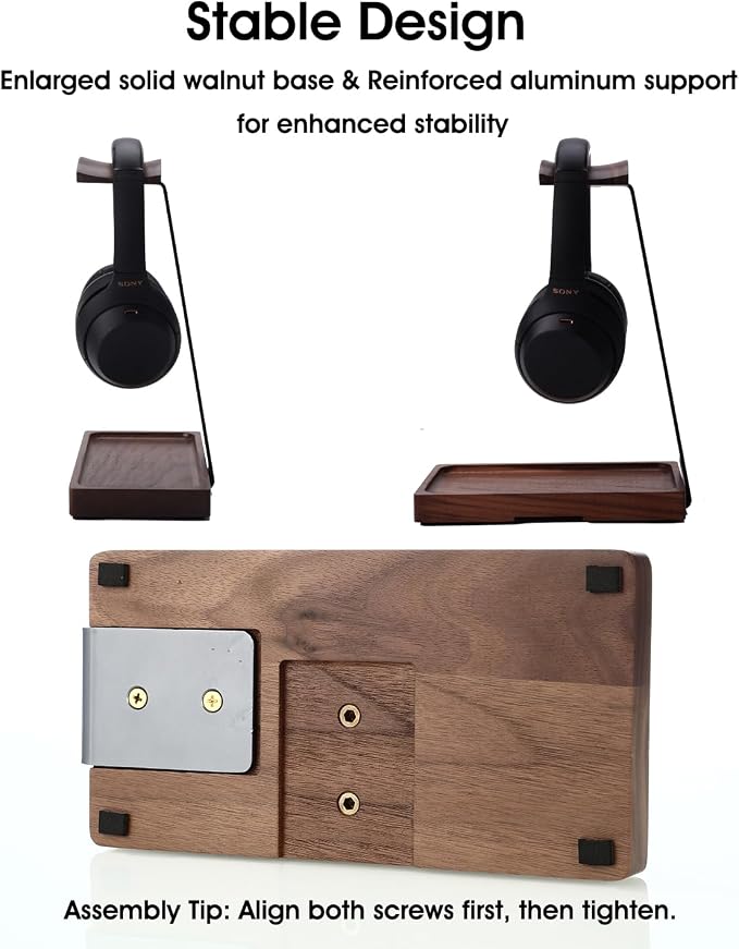 Walnut Headphone Stand, Wood Headset Holder for Desk with Storage | Wooden Gaming Headphone Holder for AirPods Max, Bose, Sennheiser, Razer/Jabra/JBL/AKG , Storage Tray, Vintage Gift for Men - Image 4