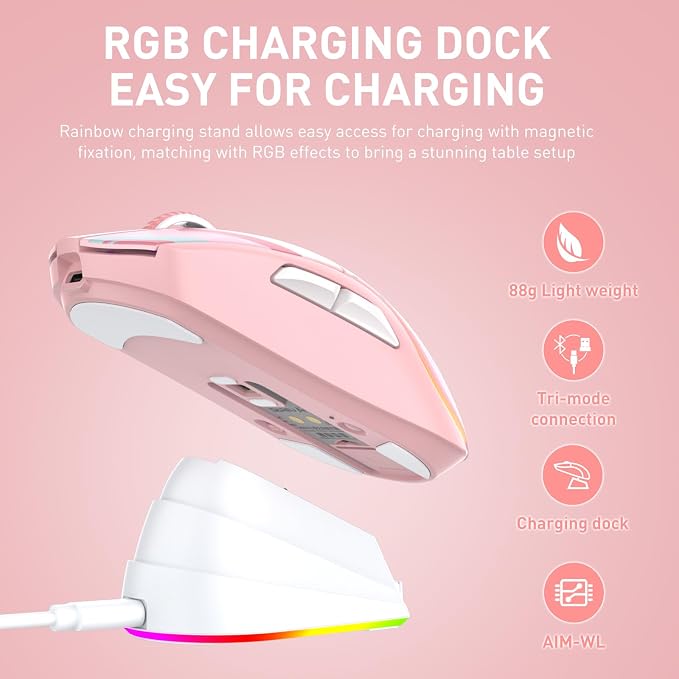 DAREU A950 Pink Wireless Gaming Mouse with Charging Dock,88g Lightweight - Image 2