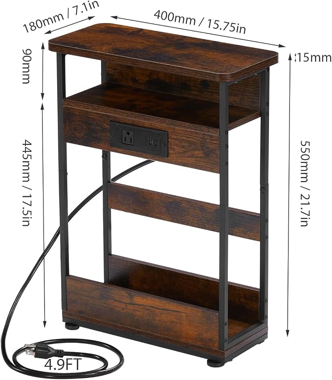 Narrow Side Table With Charging Station, 3-Tier End Table with 2 USB Ports & Power Outlets,Thin Sofa Side Table for Narrow and Small Spaces, Bedside Table Nightstand for Living Room,Rustic Brown - Image 3