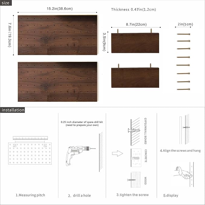 Wooden Pegboard Modular Display Organization Storage Wall Hooks Shelf 15.2in x 7.6in 2-Pack (Color:Walnut) - Image 3