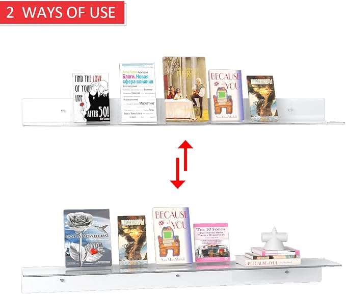 Sezanrpt 36 Inches Acrylic Wall Shelves 2 Pack, Floating Shelf for Wall Mounting, Acrylic Display Ledges for Funko Pop Figures, Home Décor, Living Room, Gaming Room, Plants(36 inch, Clear) - Image 4