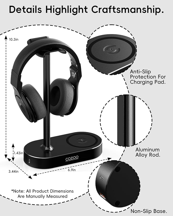 COZOO Headphone Stand with Fast Wireless Charging Pad and 2 USB Charging Ports, Suitable for Gaming, DJ, Wireless Earphone Accessories - Image 7