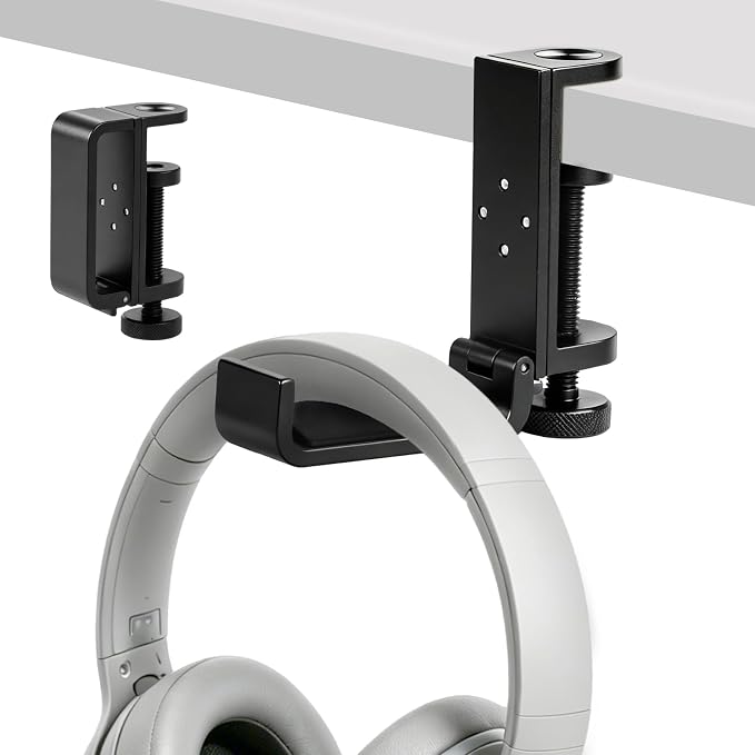 All Aluminum Foldable Headphone Holder for Desk, Headset Stand for Desk,Backpack Holder Hook for Desk,Table Bag Hook,Under Desk Clamp Hook for Gaming PC Accessories,Deep Black - Image 3