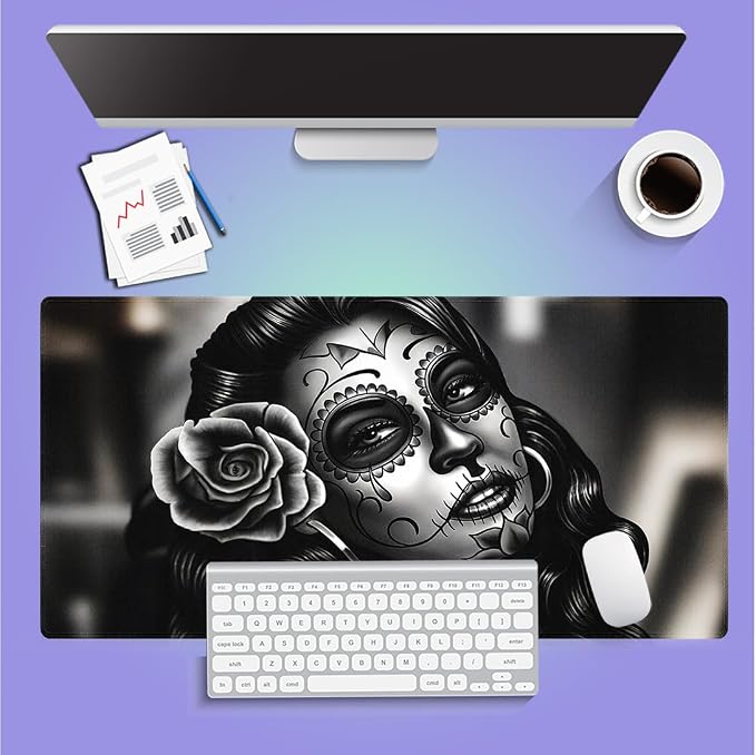 Day of the Dead Sugar Skull Woman Large Mouse Pad, Black White Desk Mat | Keyboard Mat Stitched, 31.5" x 15.8", La Catrina Art, Mexican Dia De Los Muertos, Rose Tattoo, Gothic Chicano, Halloween - Image 6