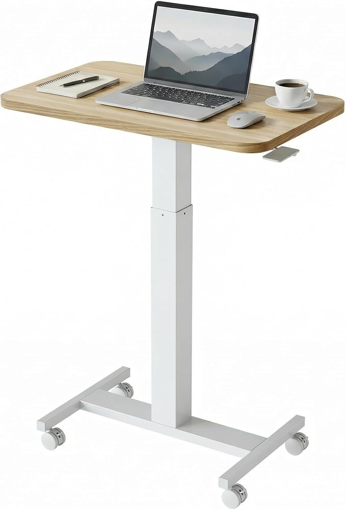 HUANUO Small Rolling Laptop Standing Desk, Height Adjustable Mobile T-Base Desk with Lockable Casters, Portable Sit-Stand Workstation for Bedside & Sofa, Light Walunt by HUANUO