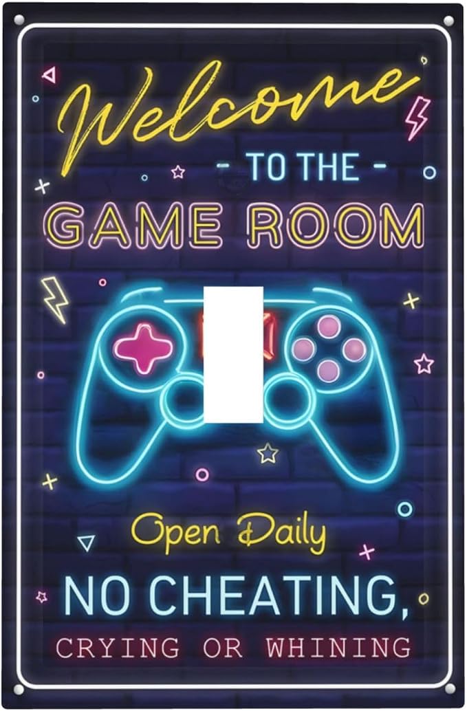 Single Toggle Rocker Switch Wall Plate, Neon Game Controller Welcome To Game Room 1 Gang Light Switch Cover with Matching Color Mounting Screws, Gaming Decor Faceplate for Bedroom Game Room by JOOJIAO