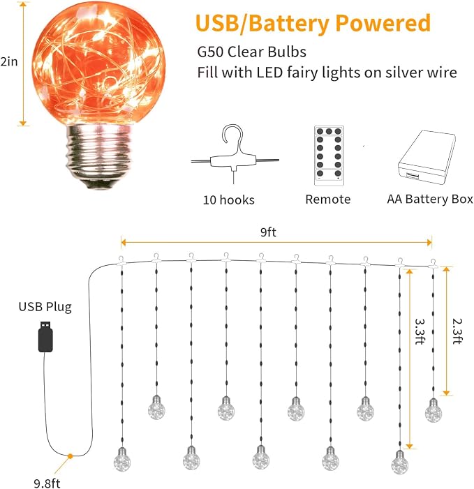 YOLIGHT Wishing Ball Curtain Lights 200 LED Window Curtain String Lights with Remote, USB Battery Powered Twinkle Globe Fairy Lights for Party Bedroom Christmas Halloween Decoration (Orange) - Image 7