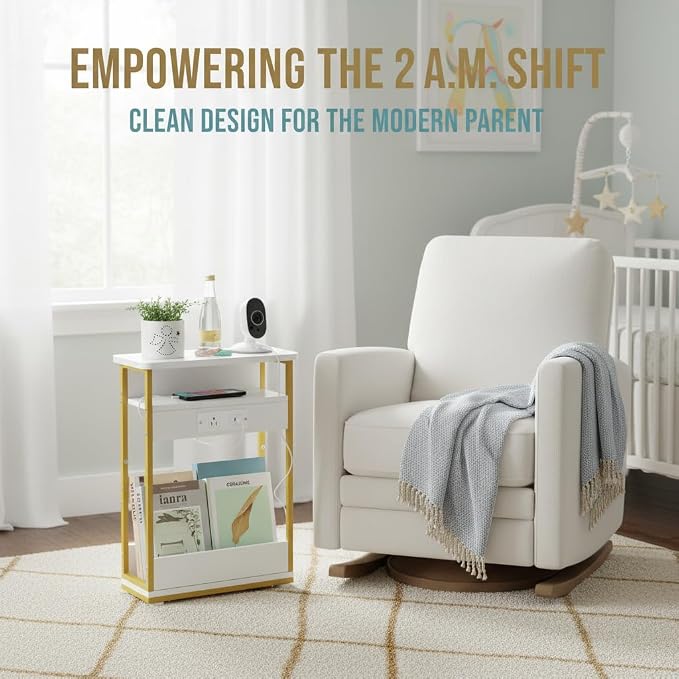 YEAKOO Narrow Side Table with Charging Station, 3-Tier End Table with 2 USB Ports & Power Outlets, Thin Sofa Side Table for Small Spaces, Bedside Table Nightstand for Living Room, White+Gold - Image 8