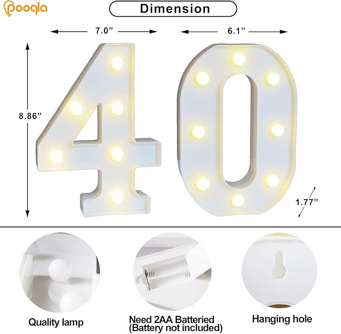 Pooqla 40th Birthday Decoration for Woman Man, Decorative LED Light Up Numbers, Marquee Numbers 40 Sign for Party Backdrop 40th Wedding Anniversary Decor, Warm White and Cool White Number 40 - Image 5