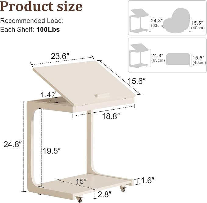 AQIMUELE Wooden C-Shaped End Table,Couch Table with Adjustable Desktop,Small Rolling Side Table with 2 Lockable Wheels 23.6" Width,Small End Table for Couch, Living Room,Bedroom (White) - Image 6