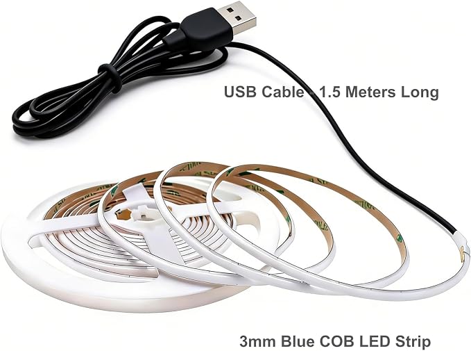 ULVYNTEX Ultra-Narrow 3mm USB COB LED Strip Lights Self-Adhesive, for Kitchen Cabinets, Bedroom, Gaming Desk (Blue, 6ft) - Image 2