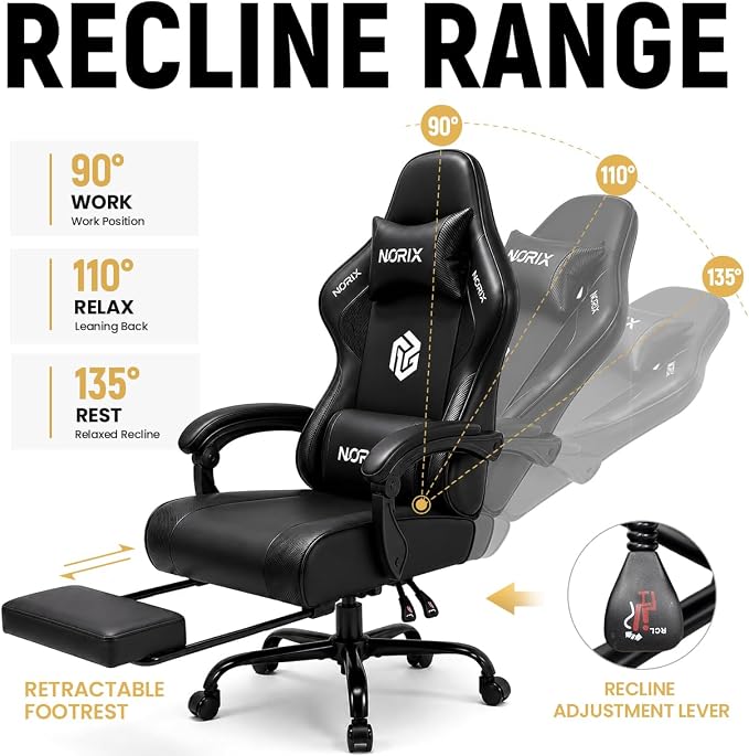 Video Gaming Chair for Adults with Footrest, Ergonomic Computer Chair,Black | 21-Inch Wide Seat, 330 lb Heavy Duty Load Capacity, Headrest, Adjustable Height, Reclining Backrest for Office or Gaming - Image 7