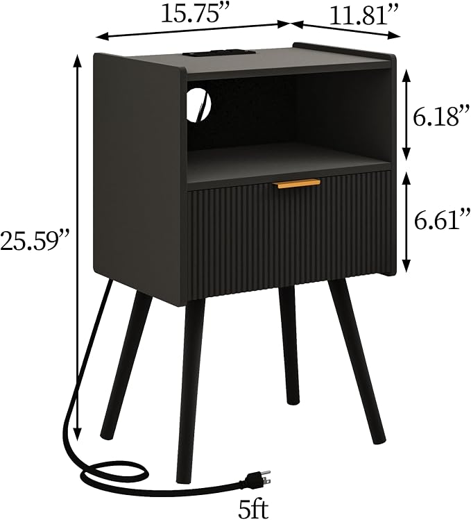 JOONEE Black Nightstand with Outlet,Modern Bedside Table with Storage Drawer and Open Wood Shelf, for Living Room, Bedroom and Small Spaces, Accent Night Stand with Solid Wood Legs, Easy Assembly - Image 2