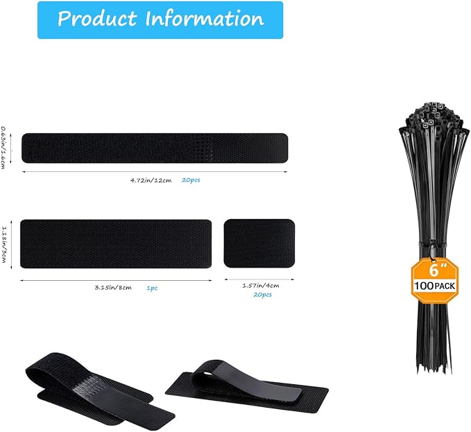 Under Desk Cable Management Kit: 20 Adhesive & 100 Zip Ties Black - Image 2
