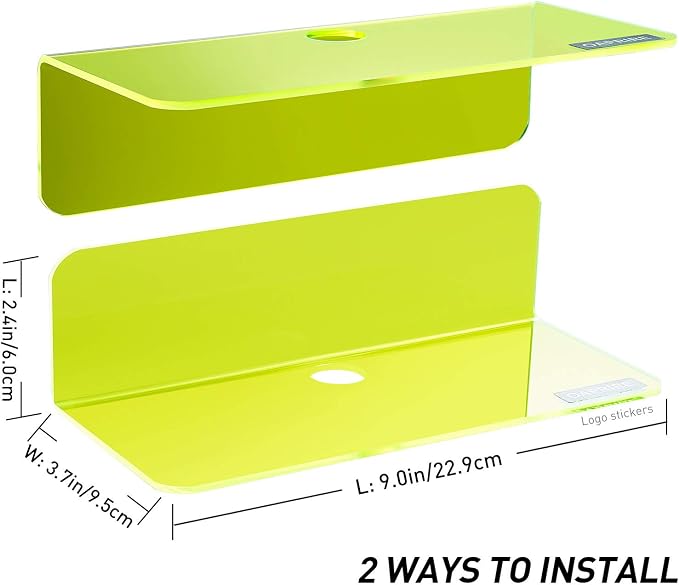 OAPRIRE 9 Inch Floating Wall Shelves Set of 2 - Personalize Expand Wall Space - Acrylic Small Wall Shelf for Bathroom, Bedroom, Living Room, Office, with Cable Clips - Clear Green - Image 3