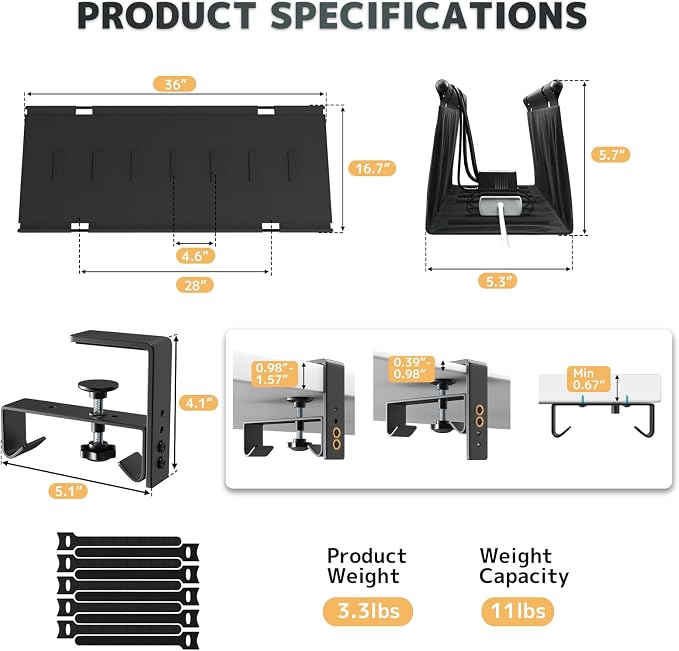 No Drill Under Desk Cable Management Tray - 36" Clamp/Screw Desk Cord Management, Premium Fabric Cable Racyway for Office & Home - Image 6