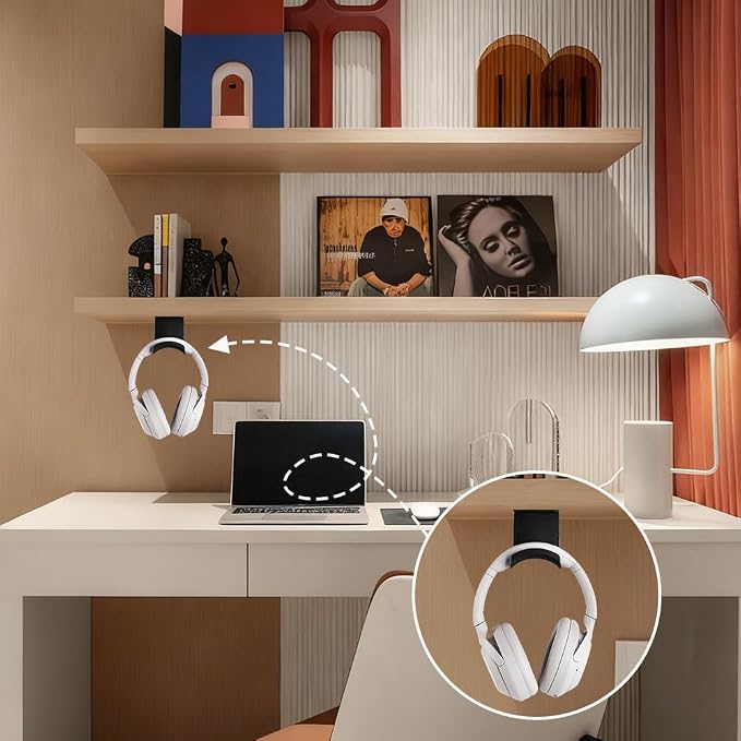 AHANDMAKER 2 Pack Headphone Stand for Desk Headphone Holder with Adhesive Gaming Headphones Hanger Under Desk Shelf Mounting Hooks for Bedroom Gaming Setup Organization, Black - Image 5