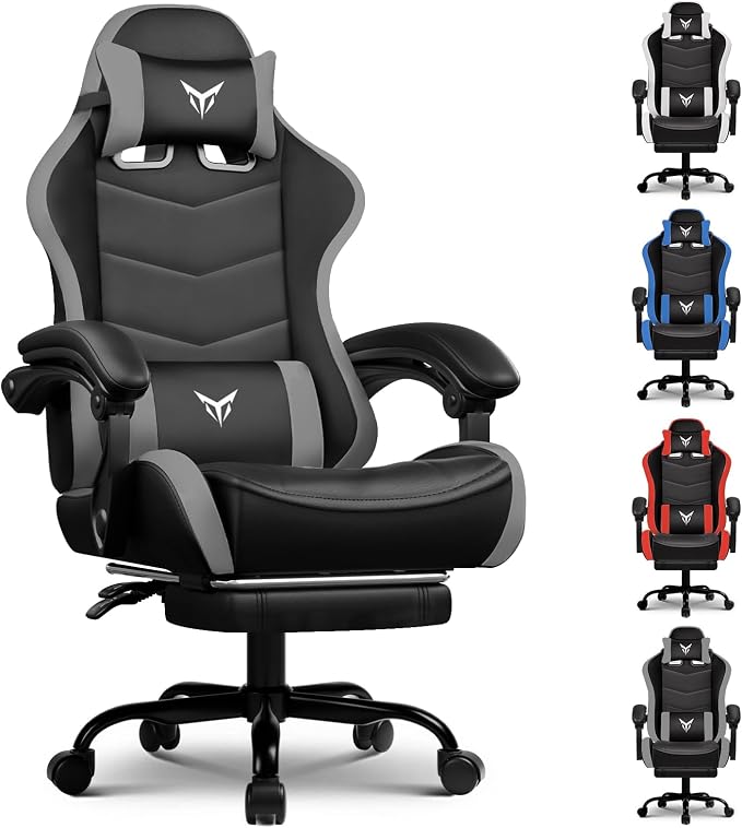 GTPLAYER Gaming Chair with Footrest, Video Game Chairs Racing Style PC Game Chairs 350lbs for Adults - Padded High Back Ergonomic Reclining Silla Gamer, Linkage Armrest, Grey by GTPLAYER