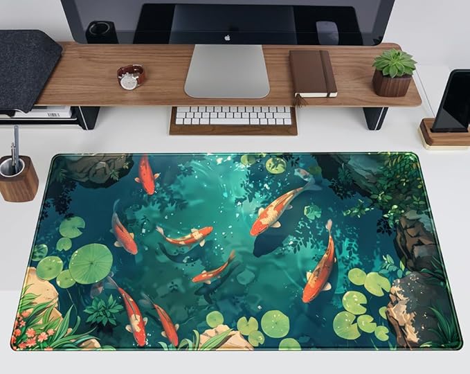 Koi Fish Desk Mat Gaming Koi Pond Desk Pad Large Cute Mouse Pad, Goldfish Mouse Mat XXL Laptop Keyboard Pad, Blue Waters Gamer Mouse Pad Full Mousepads Cool Office Accessories 31.5"x15.7" - Image 2