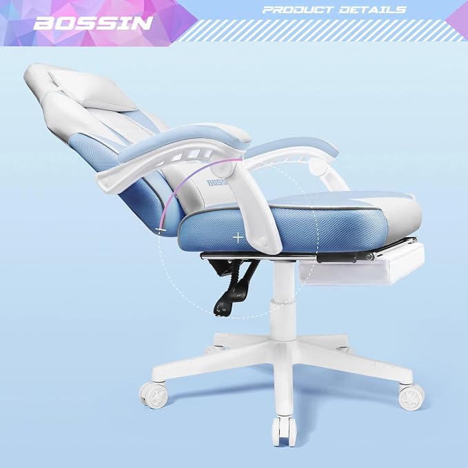 BOSSIN Gaming Chair with Massage, Ergonomic Heavy Duty Design with Footrest and Lumbar Support, Large Size Cushion High Back Office Chair, Big and Tall Gaming Computer Chair for Kids（White and Blue） - Image 7