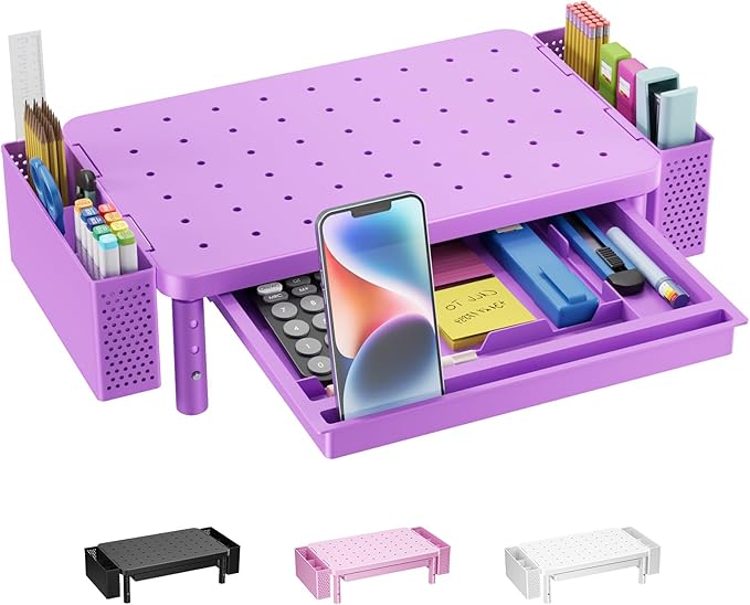 WALI Computer Monitor Stand with Storage and Pen Holder | 3 Height Adjustable Desk Organizer with Drawer, Desk Laptop Monitor Riser for Computer, Printer(PTT003-V), 1 Pack, Violet by WALI