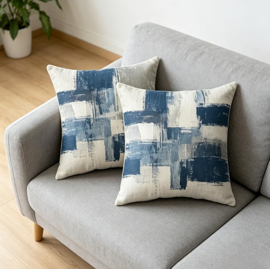 18X18 Inches Abstract Blue Linen Throw Pillow Covers Set of 2, 45x45cm - Image 6