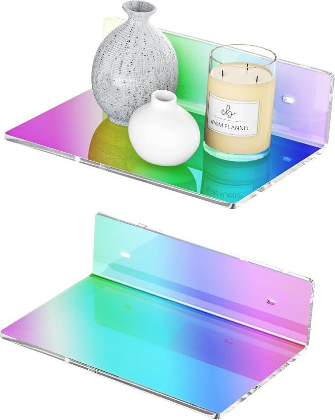 Sezanrpt 9 Inches Iridescent Floating Shelves Acrylic, White Wall Shelves for Living Room Décor, Bedroom, Bathroom, Kitchen, Dining Room, Brand Store, Retails, Gaming Room, 2 Pack by Sezanrpt