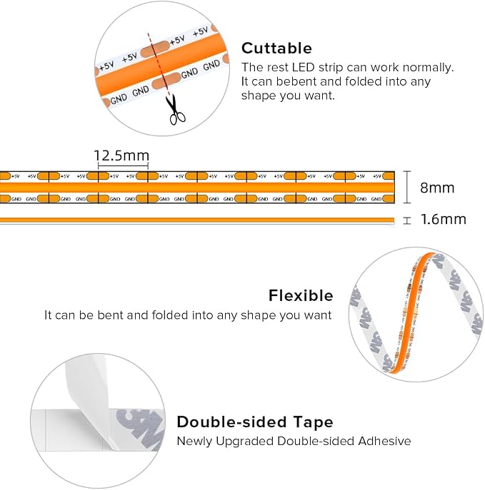 BTF-LIGHTING 5V USB COB LED Strip Lights 3.28FT Orange Color for TV - Image 6