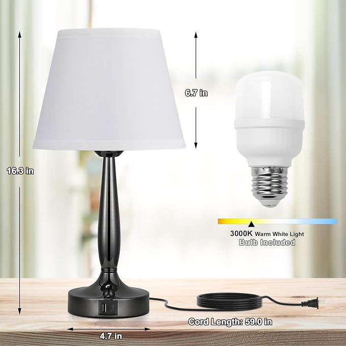 Kakanuo Touch Bedside Lamps for Bedroom Set, Small Touch Table Lamps with 2 USB Charging Ports, 3 Way Dimmable Nightstand Lamps with USB C Port - White (LED Bulb Included) - Image 3