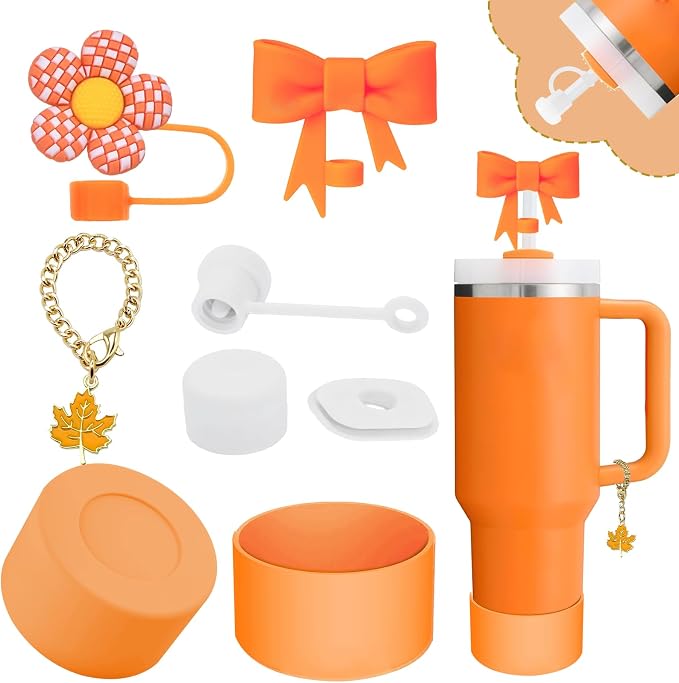 Stanley Cup Accessories Set,Including 2 Pcs 0.4in Straw Cover, 1 Silicone Spill-Proof Stopper Set of 3, 1 Cute Maple Handle Charm, 1 Silicone Boot Fits Stanley 40&30 Oz Tumbler (Tigerlily Plum) by Vikgle