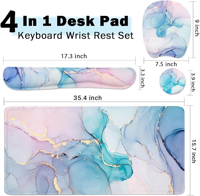 Keyboard Wrist Rest Large Mouse Pad Wrist Support for Computer, 4 in 1 Memory Foam Keyboard Pad Desk Mat Ergonomic Hand Rest Wrist Cushion for Home Office Gaming - Blue Marble - Image 2