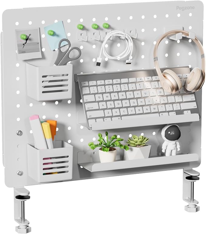 PEGZONE Clamp on Desk Pegboard, 20.4" x 16.5", with 15 Accessories, White | Magnetic Metal Peg Board, Desk Organizer for Office Gaming Home, Privacy Panel, Large by Pegzone