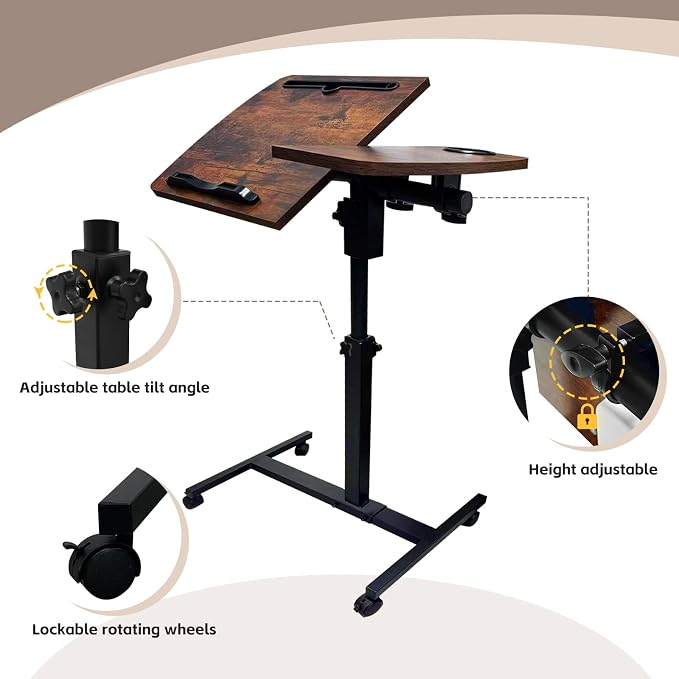Overbed Table with Wheels Adjustable Height, Tiltable Desktop with Tray, Over Bed Table Rolling Bedside Tables, Medical Mobile Standing Desk, for Hospital Office Bedroom Sofa, Brown - Image 7