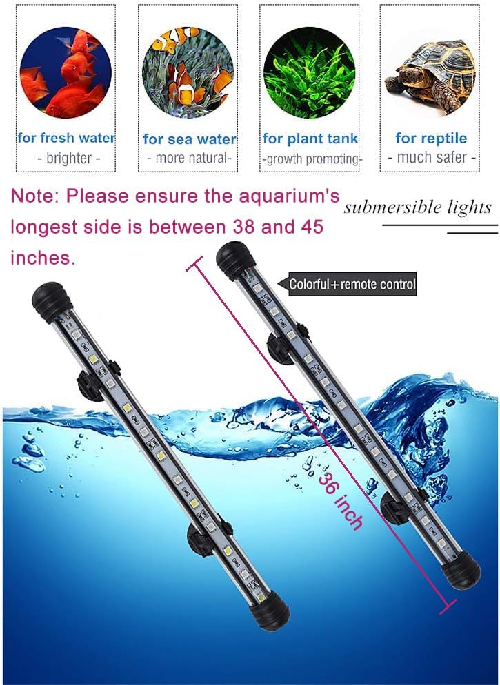 MQ 36 in Submersible LED Aquarium Light, 13W Color Changing Fish Tank Light with Remote Control, IP68 Crystal Glass 42 LEDs Lights Bar, for 38-45in Longest Side Tanks - Image 4