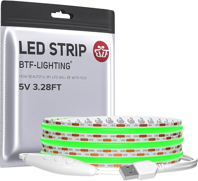 BTF-LIGHTING 5V USB COB LED Strip Lights 3.28FT Green Color for TV by BTF-LIGHTING