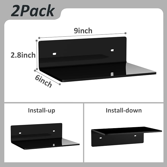 Sezanrpt 9 Inches Acrylic Wall Shelves 2 Pack, Floating Shelf for Wall Mounting, Acrylic Display Ledges for Funko Pop Figures, Home Décor, Living Room, Gaming Room, Plants(9 inch, Black) - Image 3