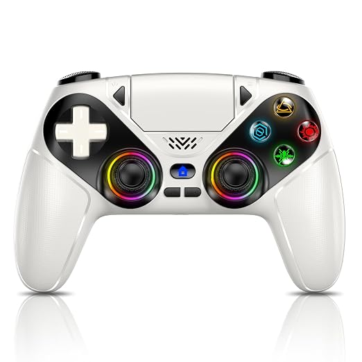 Dinosoo RGB Wireless Controller for PS5/PC/Mobile – Bluetooth Gamepad with Turbo, Macro, Dual Vibration, 6-Axis Gyro, 3.5mm Audio Jack, Built-in Speaker & 1000mAh Battery-White by Dinosoo