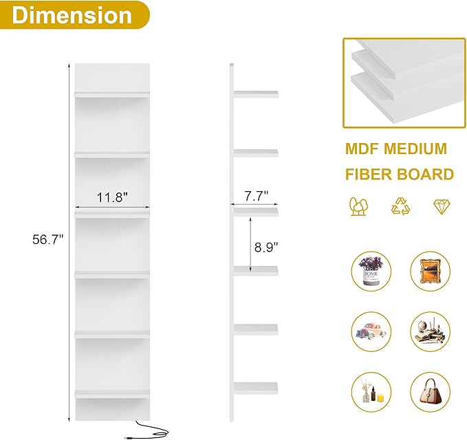Qupui 6-Tier Wall Shelf with RGB LED, 57" Floating Storage, White - Image 2