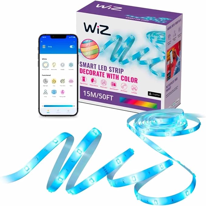 WiZ Connected Smart Light Strip, Sunset/Sunrise Automation, Preset Modes, Control with Voice or App, Full Color RGB Lighting, Voice Control, 50ft Cut to Fit by WiZConnectedLighting