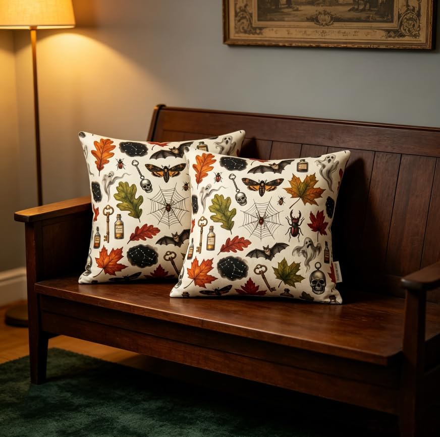 Halloween Throw Pillow Covers, Spooky Vintage Pattern, Linen, 18x18 Inch, Set of 2, Machine Washable, Living Room Decor - Image 5