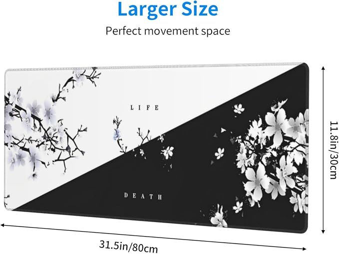 Japanese Life Death Keyboard Mat, Black White Japanese Anime Gaming Mouse Pad for Desk with Anti-Slip Rubber Base and Stitched Edges, Japanese Sakura Pagoda Sun Mouse Pad - Image 2