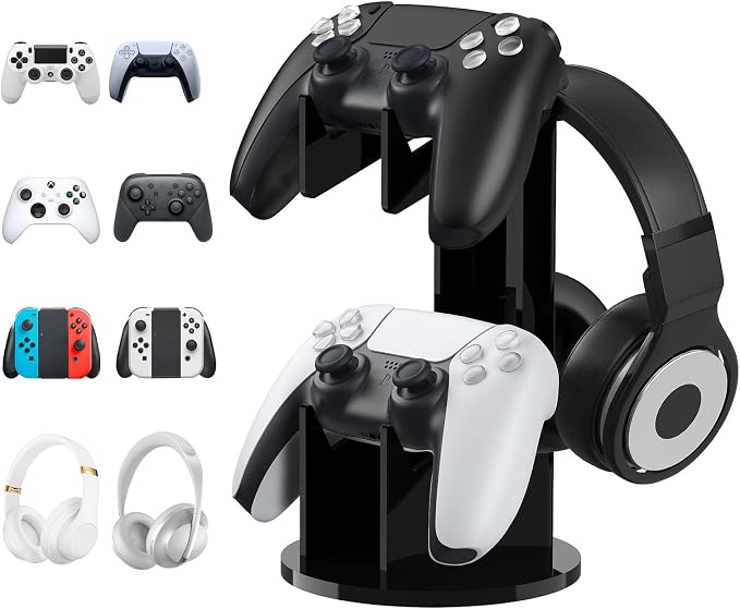 MoKo Universal Game Controller & Headset Stand, 2-in-1 Holder Acrylic | Premium acrylic, crystal clear. 2-in-1 for controller and headset. Non-slip base. Fits Switch, PS5, PS4, Xbox. by MoKo
