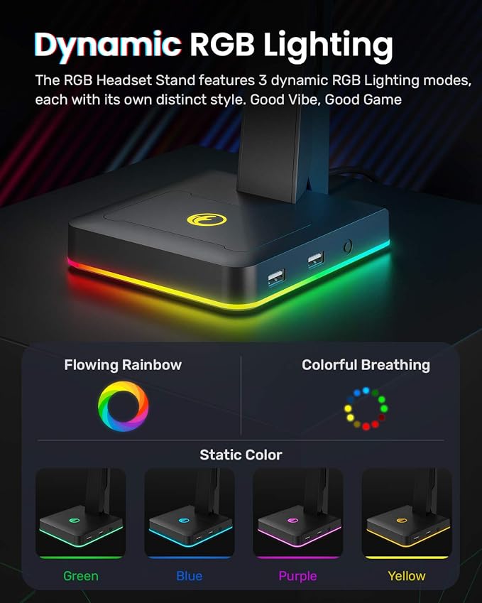 RGB Gaming Headset Stand with 2 USB Ports, Game Headphone Mount for PC, Xbox One, PS4, Switch, Earphone Holder Hanger, Great for Gaming Stations, Fancy Desk Gamer Accessories, Black - Image 3