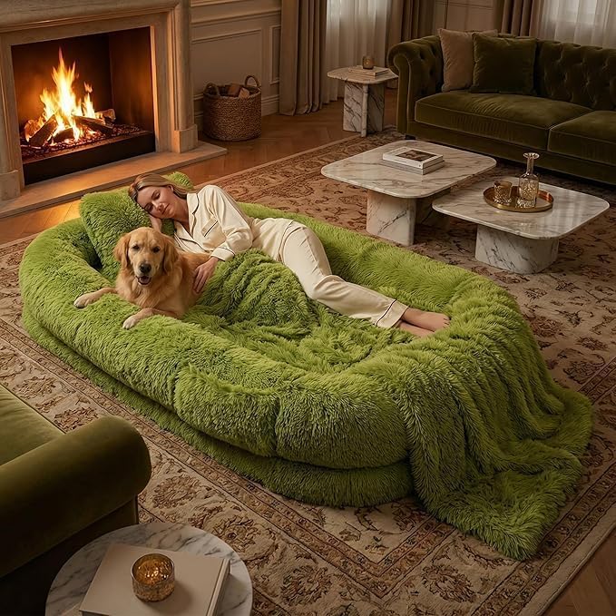Human Dog Bed, Oversized Plush Lounger Bed with Plump Pillow and Blanket by FollowUs