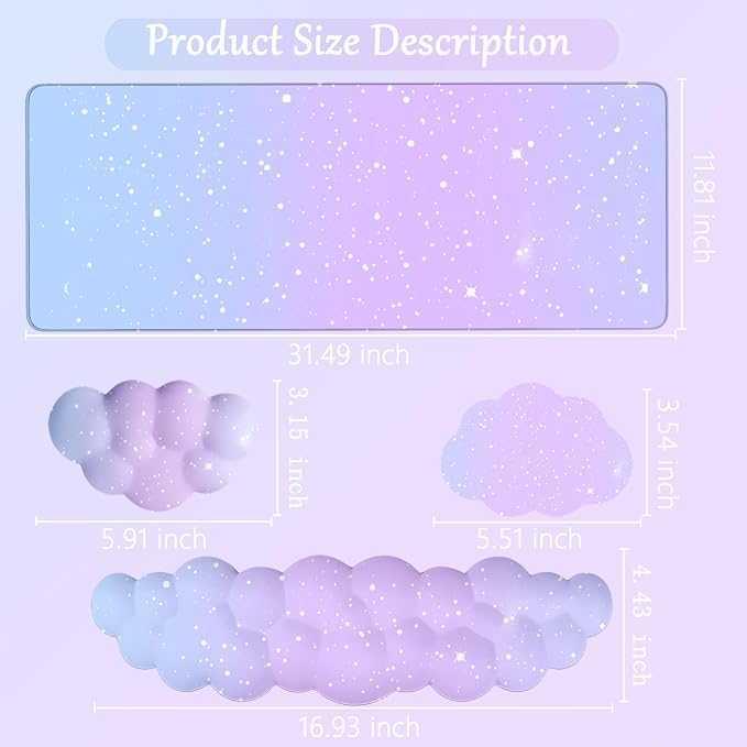 Cloud Mouse Pad Keyboard Wrist Rest 4PCS Extended Large Galaxy Stars Desk Mat Pad Set Memory Foam Non-Slip Cute Ergonomic Gaming Mouse Pad Wrist Support for Computer Home Office Purple Blue - Image 6