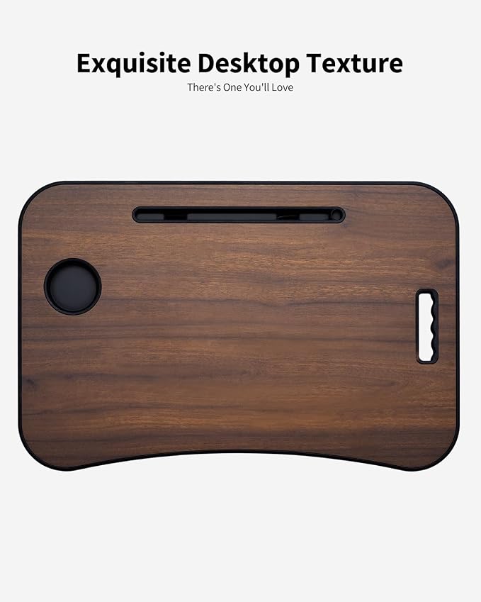 Foldable Lap Desk, Laptop Bed Desk, Portable Lap Table, Laptop Bed Table with Cup Holder & Tablet Slot & Lifting Handle for Working Writing Drawing & Eating - Walnut Brown - Image 6